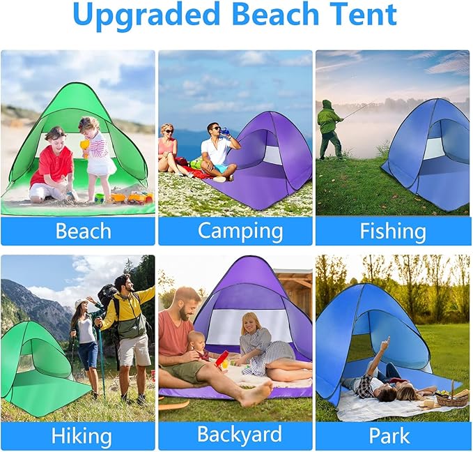 Beach Tent Easy Pop Up 2-3 Person Beach Shade Beach Tent Sun Shelter Instant Portable Beach Tent Umbrella Sun Shade Canopy with Storage Bag for Outdoor Beach Camping Fishing (Green)