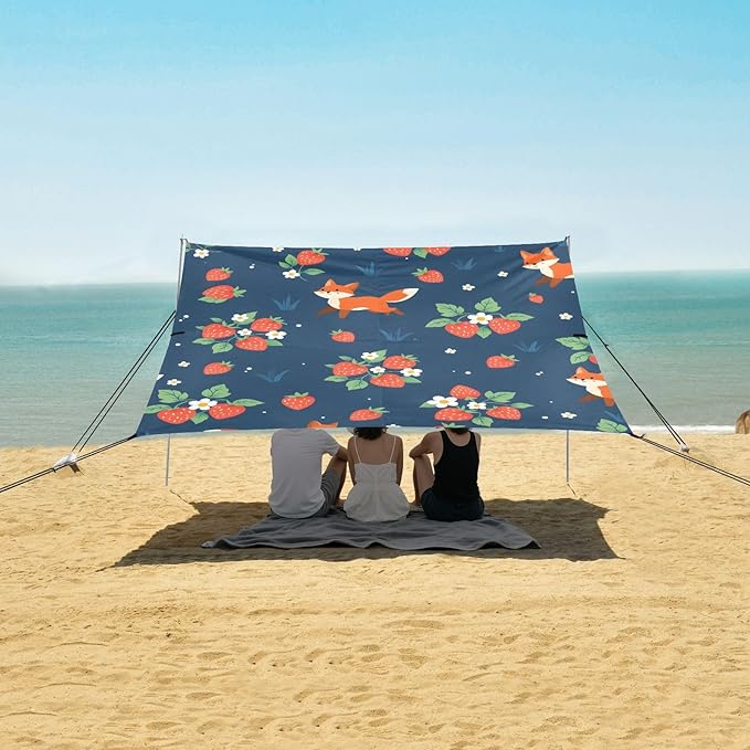 ALAZA Fox Strawberry Pattern Beach Tent Sun Shelter Portable Canopy Sunshade for Outdoor Camping Picnics Backyard Fun 10x9 ft
