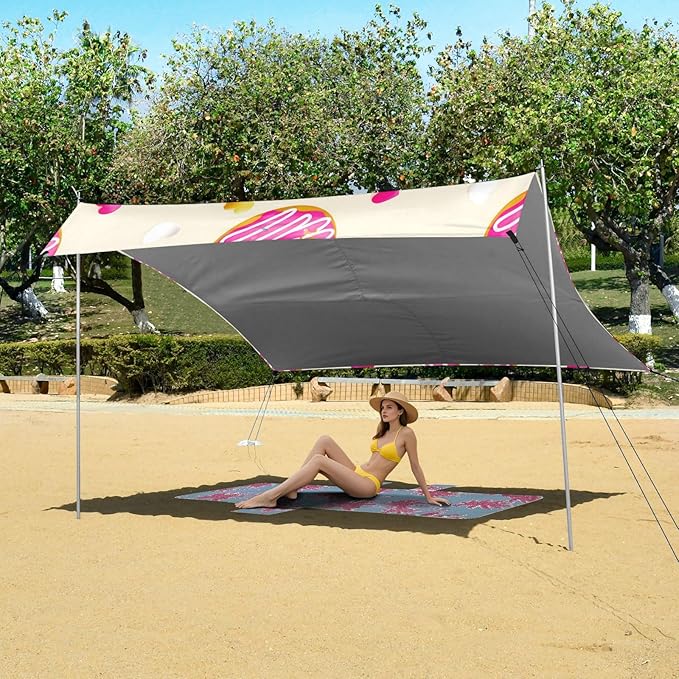 Beach Canopy with Windproof Ropes &amp Sandbags Beach Tent Sun Shade Sun Shelter for Camping Trips Fishing Backyard Fun or Picnics Donut