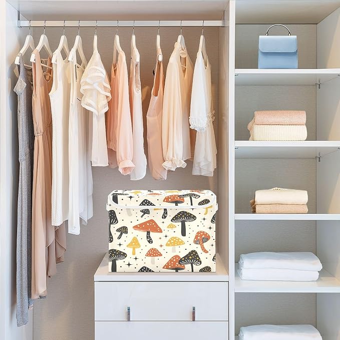 MNSRUU Containers Baskets with Lids Beautiful Mushroom Decor Foldable Storage Bins Organizer with Lid Collapsible Storage Boxes for Home Bedroom Closet Office