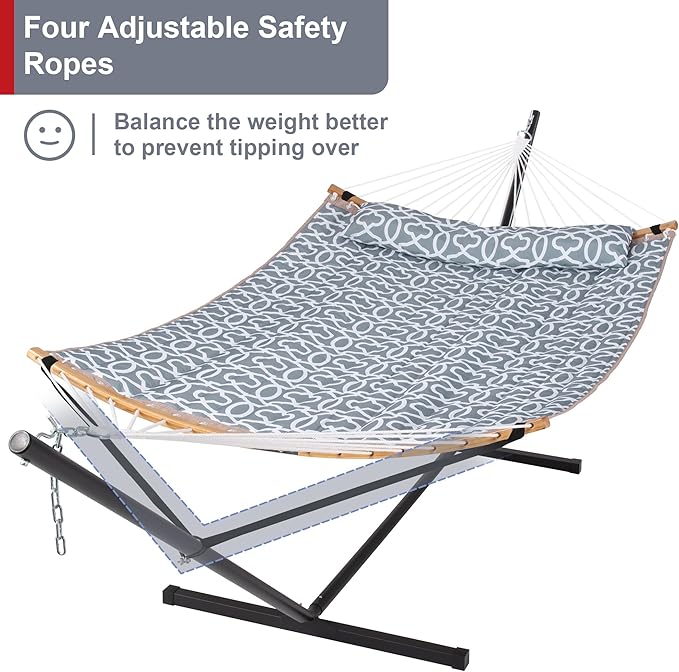 Double Hammock with Stand Included Portable Hammock with Curved Spreader Bar Pillow and Carrying Bag 450 Lbs Capacity Grey Pattern