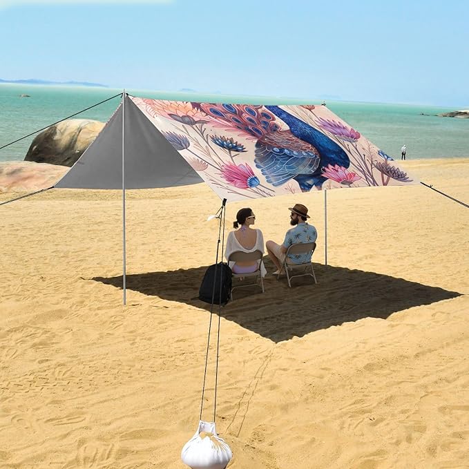ALAZA Peacock and Pink Flower Beach Tent Sun Shelter Portable Canopy Sunshade for Outdoor Camping Picnics Backyard Fun 10x9 ft