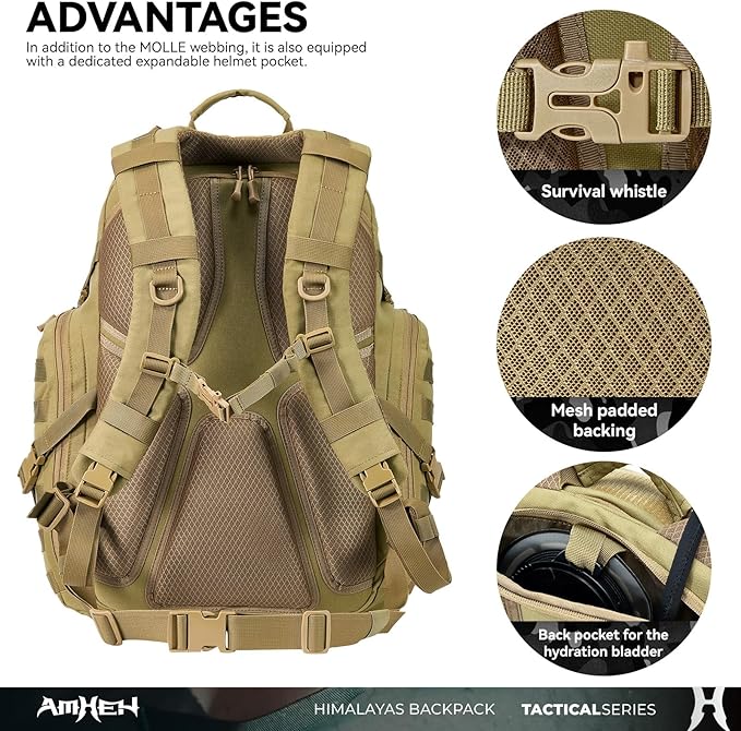 AMHEH 52L 1050D Tactical Backpack - 72 Hour Emergency Get Home Bug Out Bag with 17 Laptop and Helmet Pocket Heavy Duty Work Tan