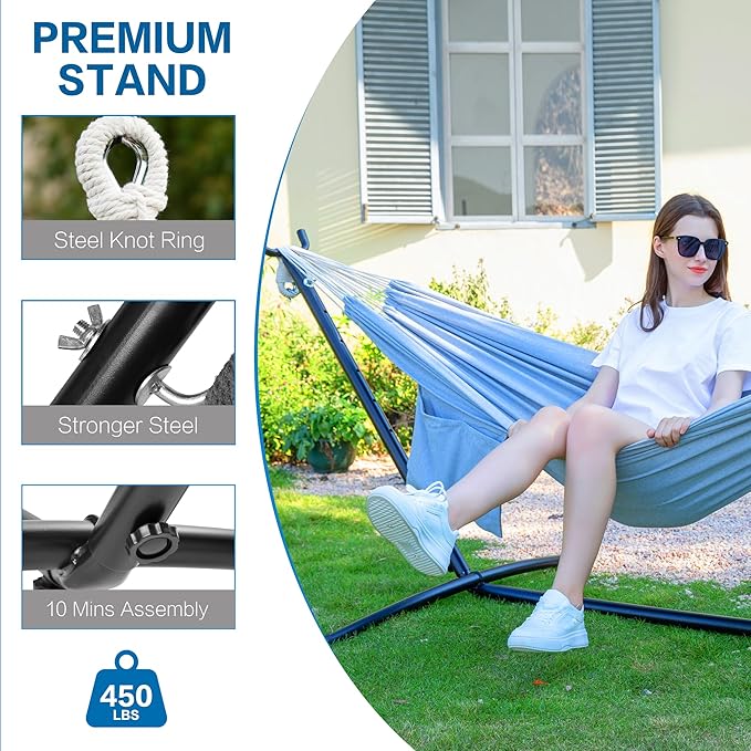 PNAEUT Double Hammocks with Stand for Outside Portable Space Saving Heavy-Duty Steel Stand for Indoor Outdoor Patio with Carrying Bag 450 lbs Capacity (Gray)