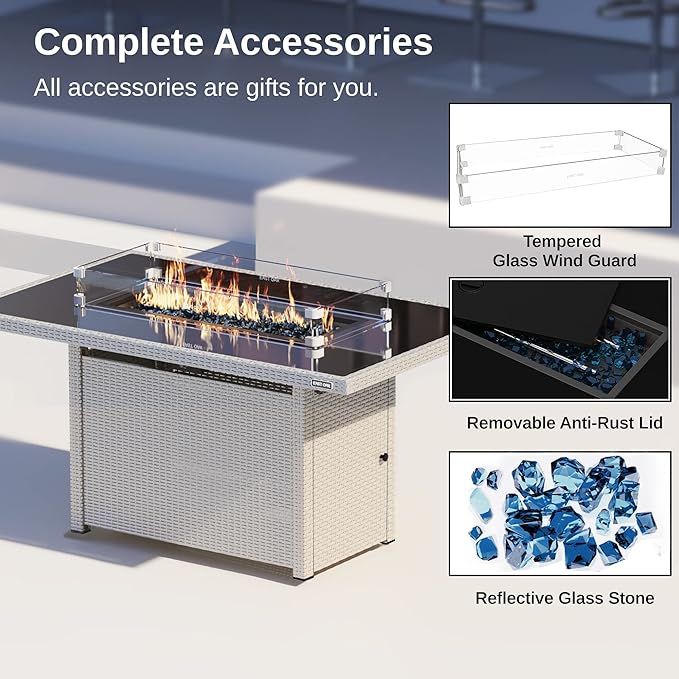 EAST OAK 52'' Propane Fire Pit Table 60000 BTU Gas Firepit w/Large Tempered Glass Tabletop CSA Certified Outdoor Patio Fire Table with Glass Wind Guard Fire Glass and Lid White