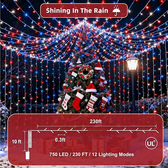 240FT Christmas Lights Outdoor 750 LED Christmas Tree Decoration Lights with 12 Modes &amp Timer Memory Dimmable Plug In Waterproof LED Xmas Light for Yard Wedding Party Holiday Red White &amp Blu