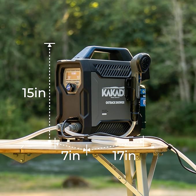 Kakadu Portable Camping Outback Shower Instant Hot Water for Outdoor Use - Slimline Design Rechargeable Lithium Battery Adjustable Shower Head Slim Pump Digital Display