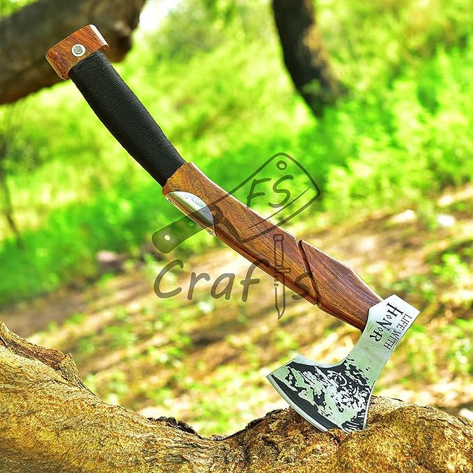 Viking Axe with Ragnar Lothbrok Face Etched - FS Crafts Axe001 - Handmade High Carbon Steel Ragnar Axe with Sheath - Viking Etched Axe for Camping Hunting Outdoors