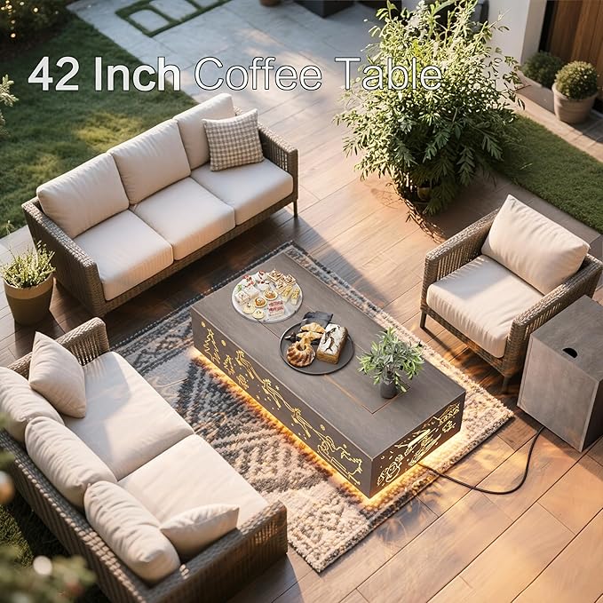 42 Outdoor Fire Pit Table 50000 BTU Gas Fire Pit with Glass Wind Guard Fire Stones Waterproof Cover Propane Fire Pit Table for Outside Patio Hollow-Out (Elk Brown)