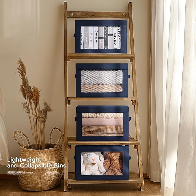 Homsorout Organizing Bins with Lid - 4 Pack Foldable Clear Window Storage Bins Large Storage Boxes with Handles Storage Containers for Clothes Towel Blanket Sheet Navy Blue