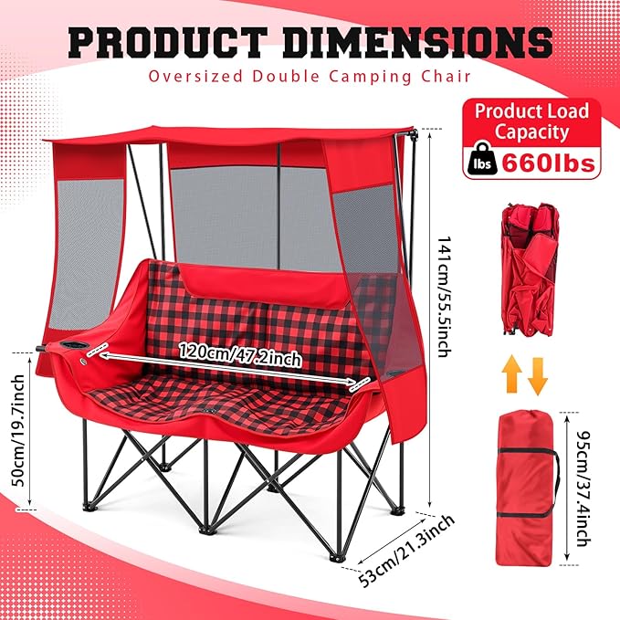 Teenyyou Double Camping Chair with Canopy Shade 660lbs Heavy Duty Beach Chair Portable Folding 2 Person Camping Loveseat with Cup Holder and Storage Bag for Lawn Beach Outdoor Sport(Red Plaid)