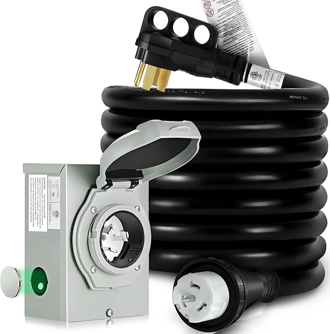 50 Amp Generator Cord and Inlet Box Kit - 50FT ETL Certified Twist Lock NEMA 14-50P to SS2-50R Pre-Drilled for Easy Installation STW 6/3+8/1 AWG for 125V/250V