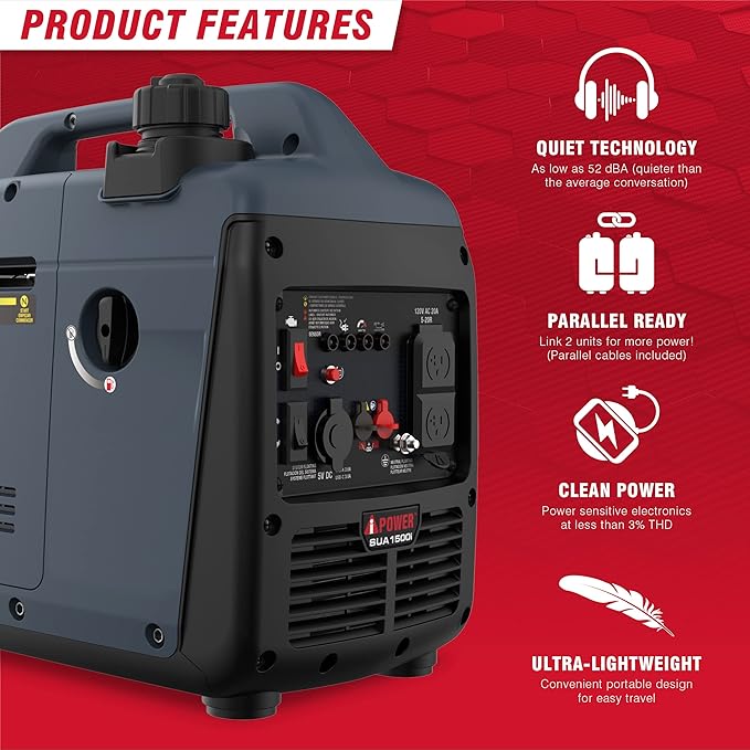 A-iPower 1500 Watt Quiet Portable Inverter Generator Gas Powered Small Ultra Lightweight Quiet Generator for Camping Tailgating Home Backup Emergency EPA &amp CARB Compliant CO Sensor (SUA1500i
