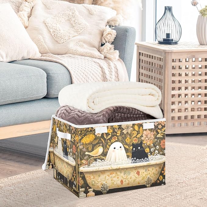 Halloween Ghost Cat Flowers Yellow Storage Box with Lid 1 PC Foldable Storage Bin with Lids Stackable Storage Bins Cube Closet Organizer Basket with Flip-Top Lid &amp Handles for Shoes Books Towels