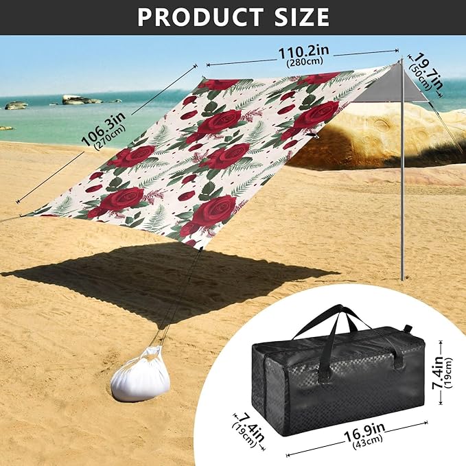 ALAZA Red Rose Fern Pattern Beach Tent Sun Shelter UPF50+ Protection Beach Shade Canopy w/ 4 Sandbags for Outdoor Camping Fishing Backyard Fun Picnic 10x9 ft