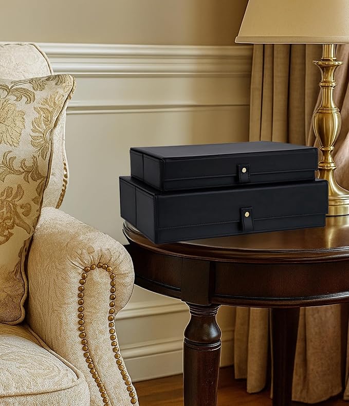 HofferRuffer Photo Storage Boxes with Dust-Proof Lid Set of 2 Faux Leather Lidded Storage Bins Photo Jewelry Scrapbooking Supplies Keepsake Organizer for Elegant Home &amp Office Decor (Black)