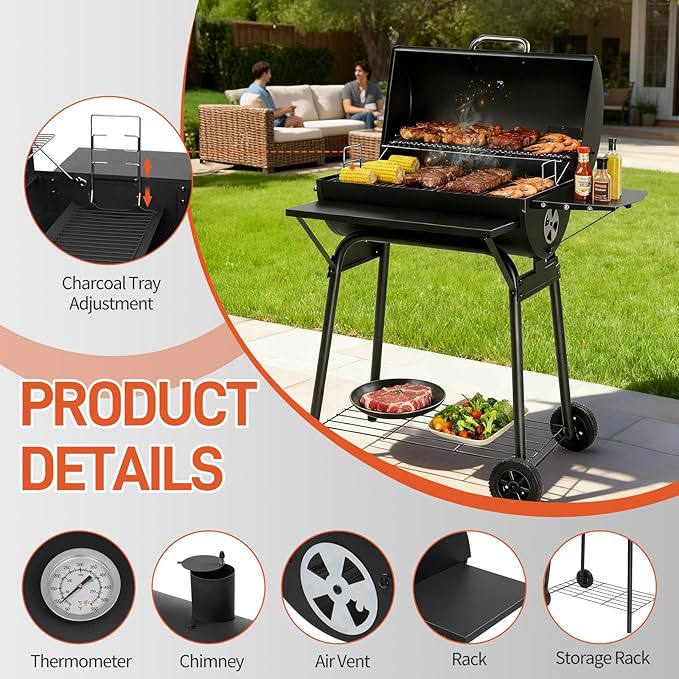 Outvita Barrel Charcoal Grill with Warming Rack Outdoor BBQ Grill with Side Front Table with Nearly 564 Sq.In. Cooking Grid Area for Backyard Patio Picnic Parties Camping Black