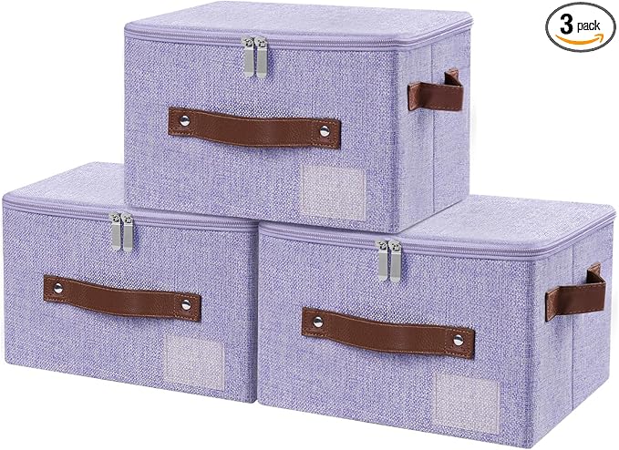 Lucky Monet 3PCS Storage Bins with Zipper Lids 10x8x7 Foldable Lidded Fabric Storage Boxes Baskets Cotton Linen Closet Shelf Clothes Organizer Container with Handles &amp Label Pocket (Purple Sma