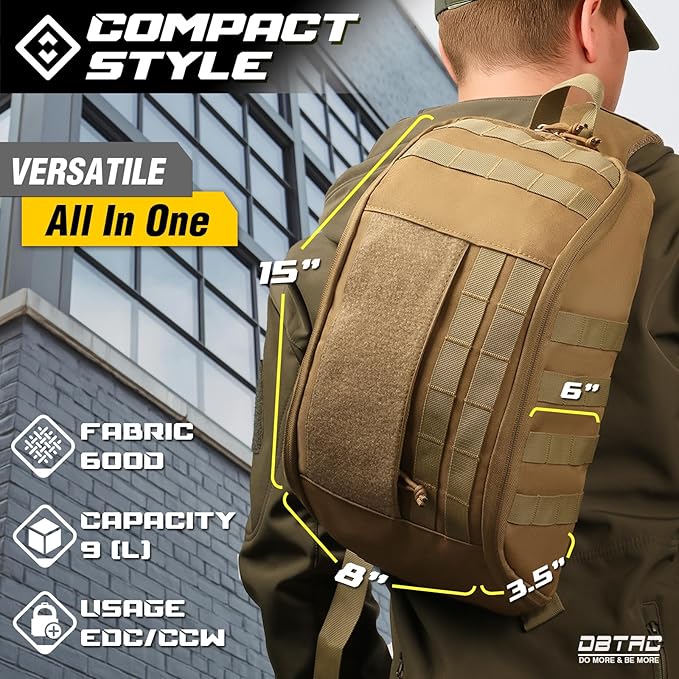 DBTAC Compact 9L Tactical Sling Bag with Removable Elastic Organizer Panel Everyday Carry Shoulder Pack for EDC Tools First Aid Travel Outdoor Sports (Brown)