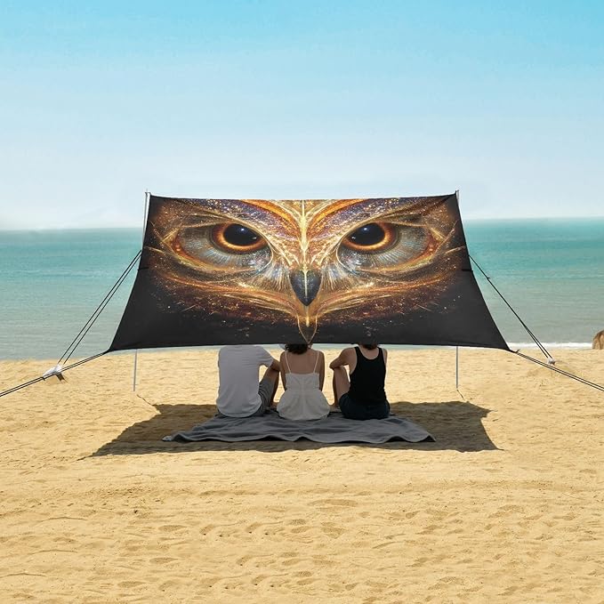 ALAZA Owl Face Beach Tent Sun Shelter UPF50+ Protection Beach Shade Canopy w/ 4 Sandbags for Outdoor Camping Fishing Backyard Fun Picnic 10x9 ft