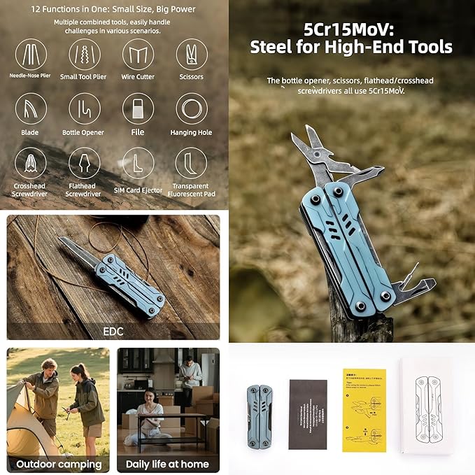 Multi Tool 10-in-1 Full-Size Lightweight EDC Multi-Purpose Pliers Screwdriver Knife Tactical Gear Mini Tools Boyfriend Gifts Equipment for Emergencies Hiking and Outdoor Camping (Blue)