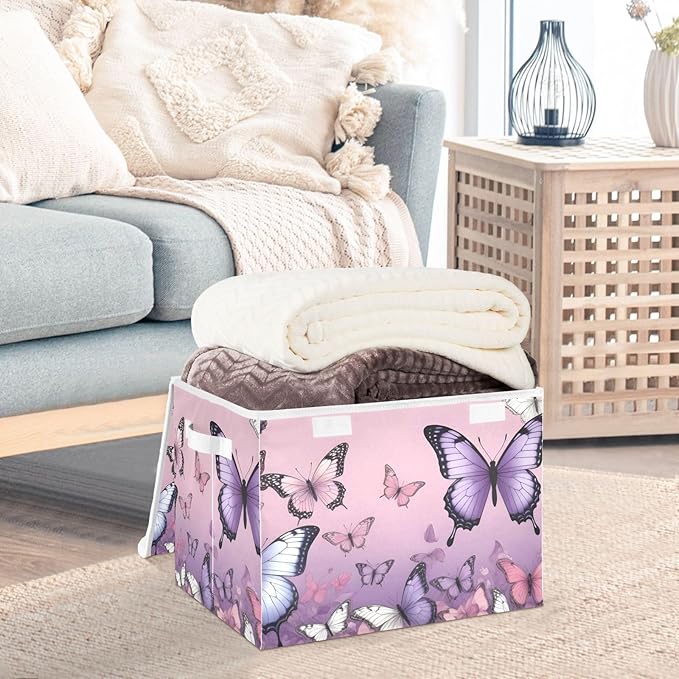 Storage Cube with Lid Purple Butterflies Print Collapsible Large Capacity Foldable Storage Basket Bin Organizer 16.5×12.6×11.8 IN
