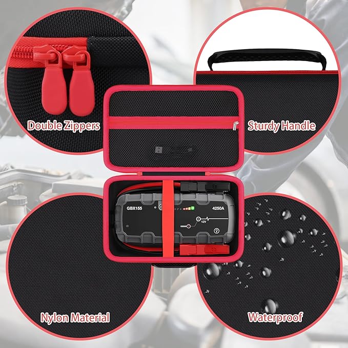 Protection Storage Case Compatible with NOCO Boost GB150 / X GBX155 UltraSafe Jump Starter Lithium Battery Booster Pack and Accessories（Black Case + Red Zipper）- Flaxune