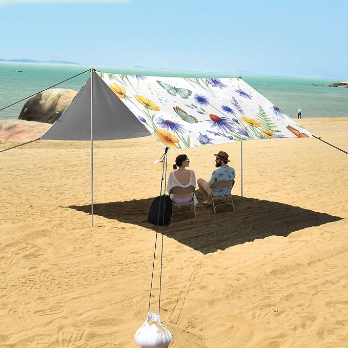 Wildflowers Beach Canopy Sun Shelter with Sandbags &amp Sand Shovel &amp Windproof Ropes - Portable 110x126 Beach Shade Beach Tent for Camping Picnics
