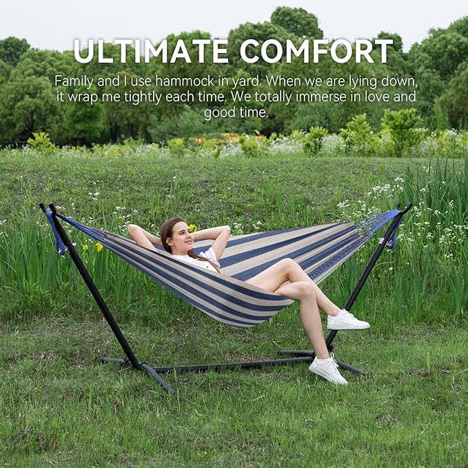 PNAEUT Double Hammocks with Stand for Outside Portable Space Saving Heavy-Duty Steel Stand for Indoor Outdoor Patio with Carrying Bag 450 lbs Capacity (Sky)