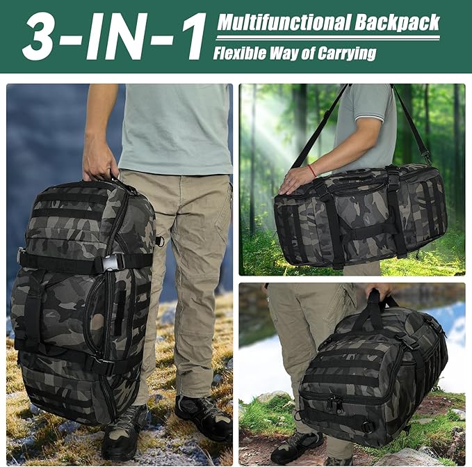 Hannibal Tactical 55L Large Duffle Bag 3-in-1 Tactical Backpack MOLLE Pack for Gym Sports Outdoor Black Camo