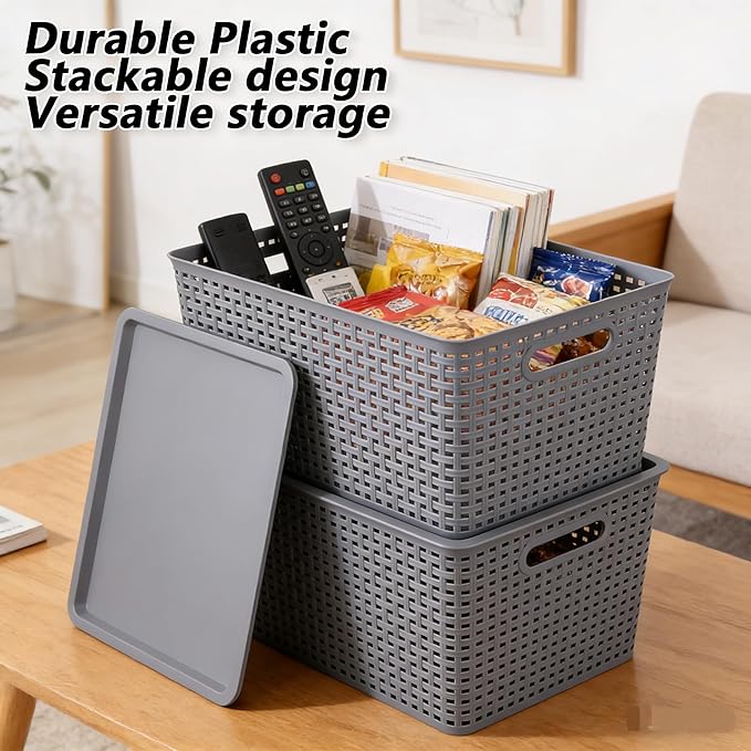 6 Pack Plastic Storage Bins with Lids Stackable Storage Baskets with Handles Large Organizer Bins for Desk Shelves Office Plastic Container Bins for Pantry Organizers and Storage Grey