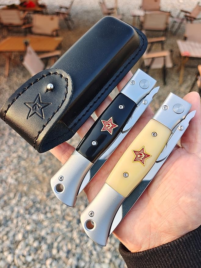 Russian Finka-NKVD KGB Folding Pocket Knife3.74 Mirror Polished X12M Steel BladeAviation Aluminum Inlaid Resin HandleCowhide Sheath (Beige handle)