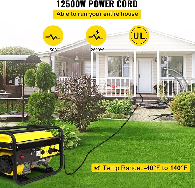 VEVOR 30 ft 50A RV Power Cord 6/3 + 8/1 AWG Generator Cable with NEMA 14-50P to Bare Wire Heavy-Duty Flexible for RV Camper and Outdoor Generator Connections