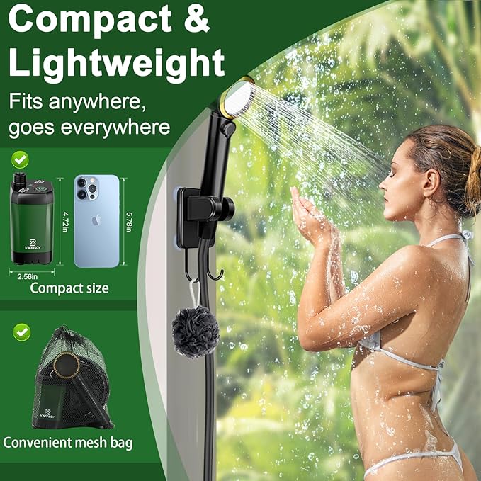 JITUIHOM Portable Camping Shower with 7800mAh Battery - 190 Minutes Runtime Smart LED Display &amp 4 Spray Modes for Outdoor Activities Hiking Traveling and Pet Bathing(6000mAH-Dark Green)