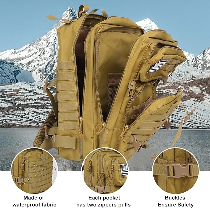 50L Large Military Tactical Backpack Molle Army Assault Pack for Travel Camping Hiking Fishing Backpack for men (khaki)