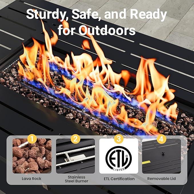 43” Outdoor Propane Fire Table Set with Heavy-Duty Glass Stones Glass Wind Guard Lid &amp Water-Resistant Cover 50000 BTU Metal Fire Pit Table Rectangle Fire Pit Table for Patio Deck