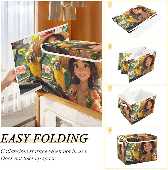 AIXIWAWA Lidded Storage Cube (Tropical Lady Parrot) Fabric Foldable Closet Bins with Flip Lid and Handles Organizer Basket Container 16.5 x 12.6 x 11.8 IN