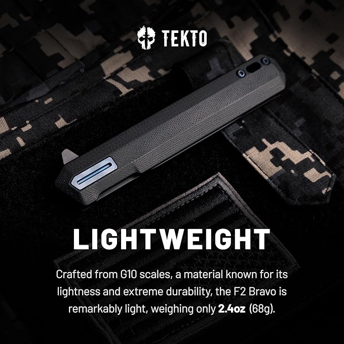 TEKTO F2 Bravo Folding Pocket Knife - D2 Steel Blade Ceramic Ball Bearings - EDC - Snap Swift Flip for Camping Backpacking - 2.4oz (68g) G10 Black Handle Blue Titanium Accents