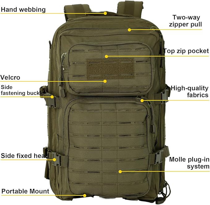 Small Tactical Backpack Assault Pack Bug Out Bag 40L Military Backpack with Molle for Hiking Hunting Rucksack Trekking (Green)