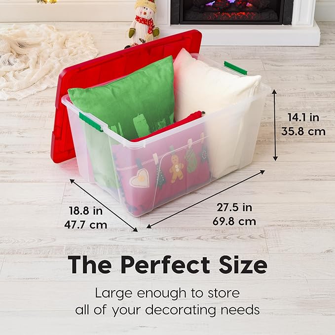 IRIS USA 94 Qt. Stackable Plastic Storage Bins with Lids 2 Pack - BPA-Free See-Through Organizing Solution Latches Durable Nestable Containers Secure Pull Handle Made in USA - Red