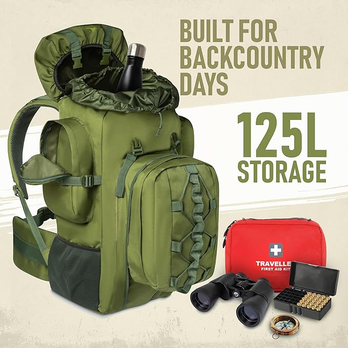Boundless Performance 125L Rucksack Backpack for Men – Heavy Duty Metal Frame Camping Backpack with Detachable Daypack | Tactical Utility Outdoor Hiking &amp Multiday Travel Bag for Men-Olive Gree