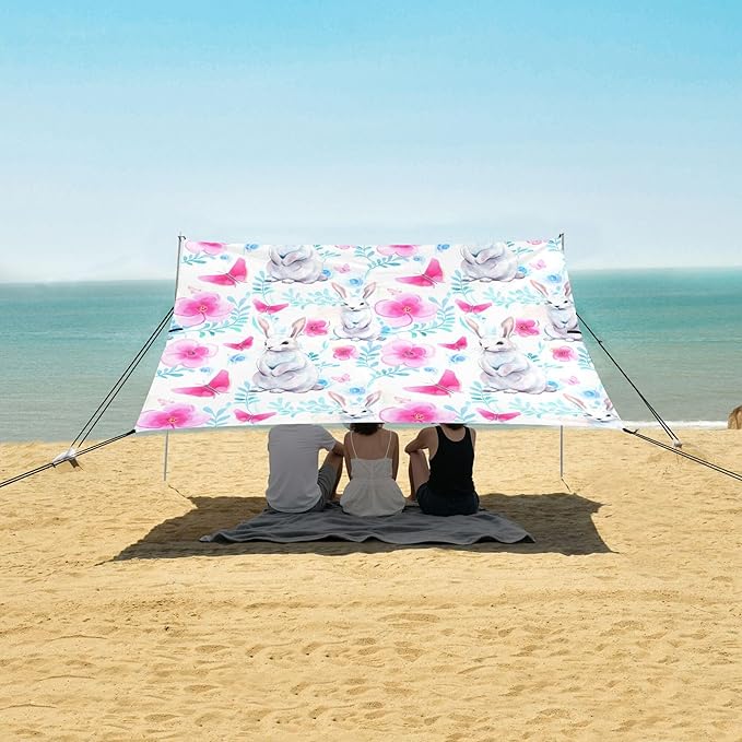 Rabbit Beach Canopy Sun Shelter with Sandbags &amp Sand Shovel &amp Windproof Ropes - Portable 110x126 Beach Shade Beach Tent for Camping Picnics