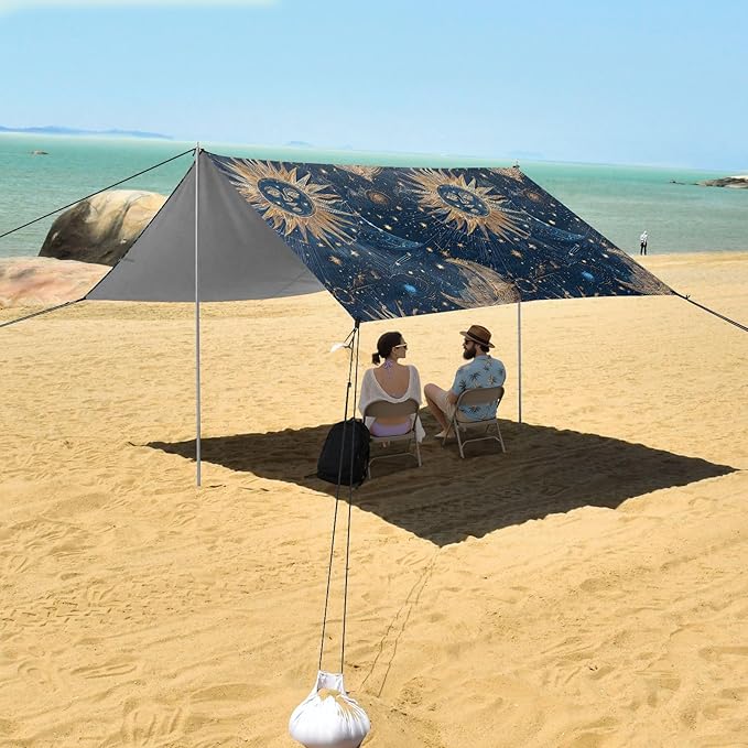 ALAZA Sun Moon Stars Magical Beach Tent Sun Shelter UPF50+ Protection Beach Shade Canopy w/ 4 Sandbags for Outdoor Camping Fishing Backyard Fun Picnic 10x9 ft