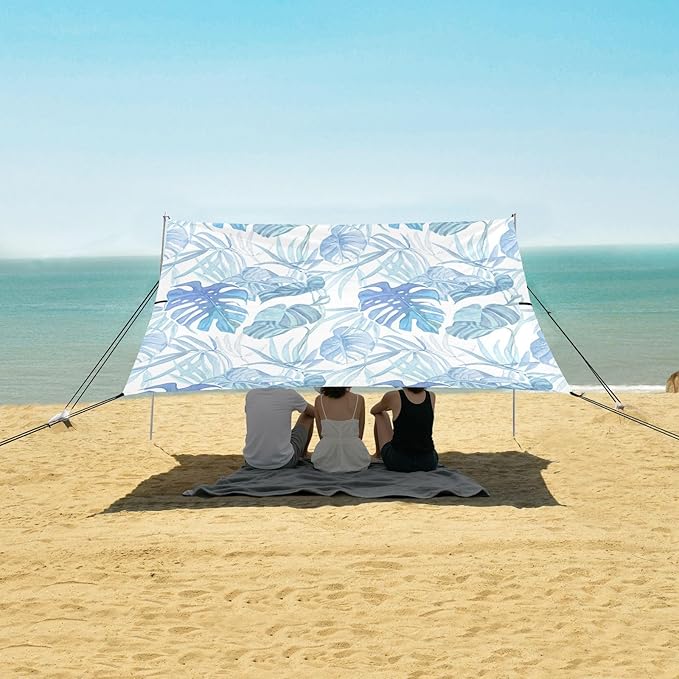 xigua Watercolor Leaves Beach Tent Sun Shelter with Carrying Bag - Silver Coated Oxford Fabric Beach Canopy for Beach Camping Fishing - Includes Windproof Ropes Sandbags &amp Stakes
