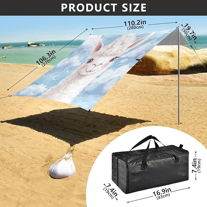 ALAZA Cute Llama Alpaca Clouds Beach Tent Sun Shelter UPF50+ Protection Beach Shade Canopy w/ 4 Sandbags for Outdoor Camping Fishing Backyard Fun Picnic 10x9 ft