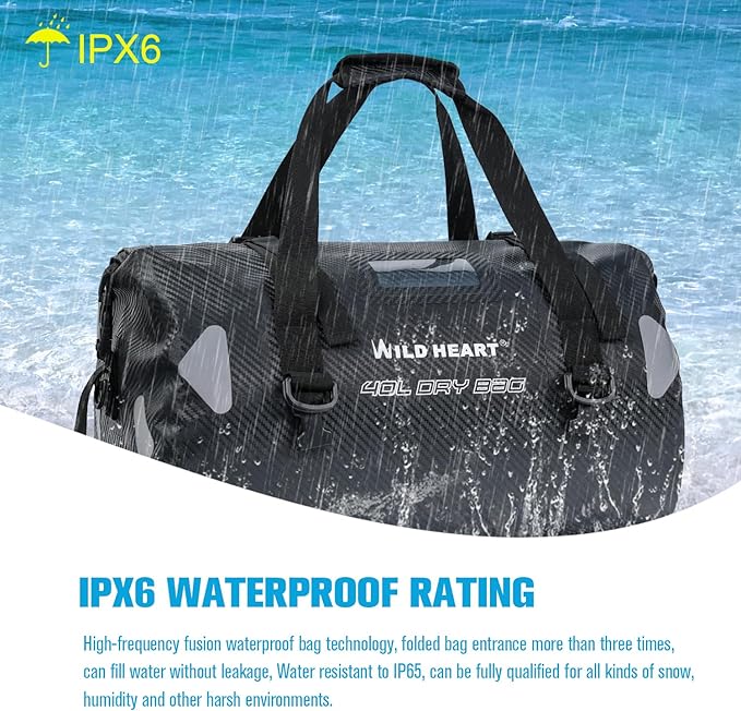 WILD HEART Waterproof Motorcycle Duffel Bag PVC500D Double-bottom With Rope Straps and Inner Pocket 40L 66L 100L for Kayaking Camping BoatingMotorcycle
