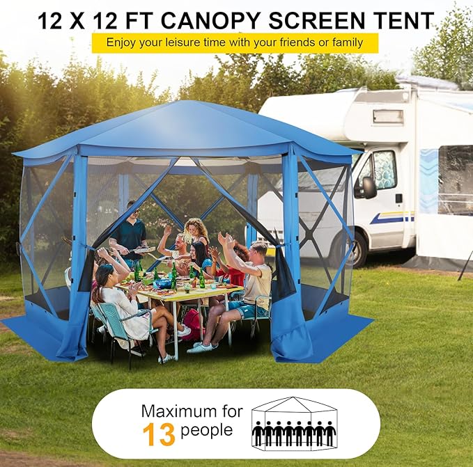 COBIZI 12x12FT Pop Up Gazebo Screen Tent Screen House for Camping Screen Room with Mosquito Netting Hub Tent Instant Screened Canopy with Carrying Bag and Ground Stakes Blue(Upgraded)