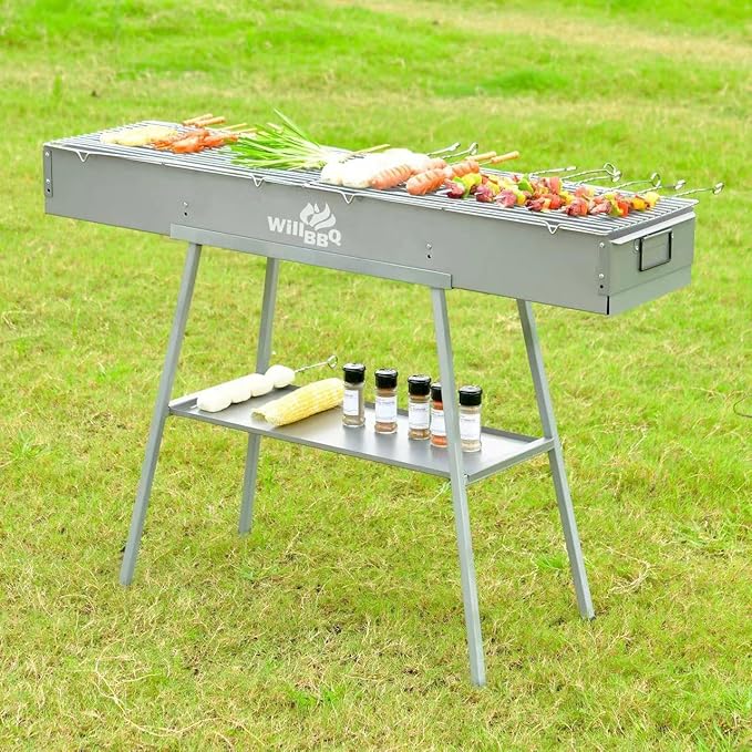 WILLBBQ Charcoal Grills Commercial Quality Portable Hibachi BBQ Lamb Skewer Detachable‌ Camping Barbecue Grill for Backyard Outdoor Cooking Use(39.4x10.3x5.1 inch)