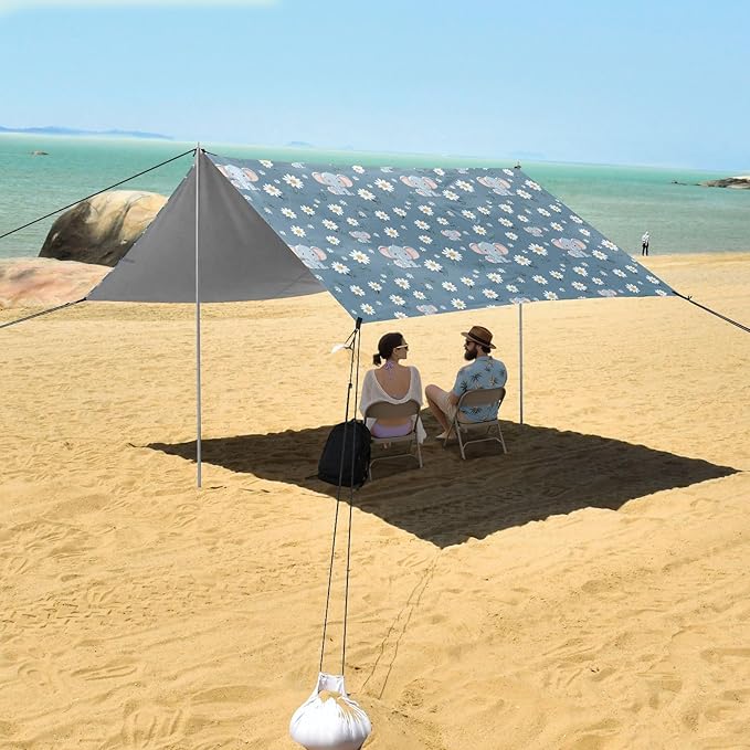ALAZA Cute Elephant Daisy Flower Beach Tent Sun Shelter UPF50+ Protection Beach Shade Canopy w/ 4 Sandbags for Outdoor Camping Fishing Backyard Fun Picnic 10x9 ft