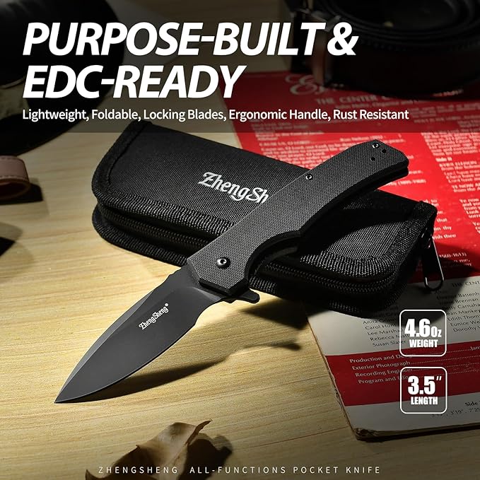 ZhengSheng Praxis Folding Pocket Knife 3.6 PVD Titanium Coating D2 Steel Blade Foldable Knife with G10 Handle Lightweight Camping Survival Hiking Knives